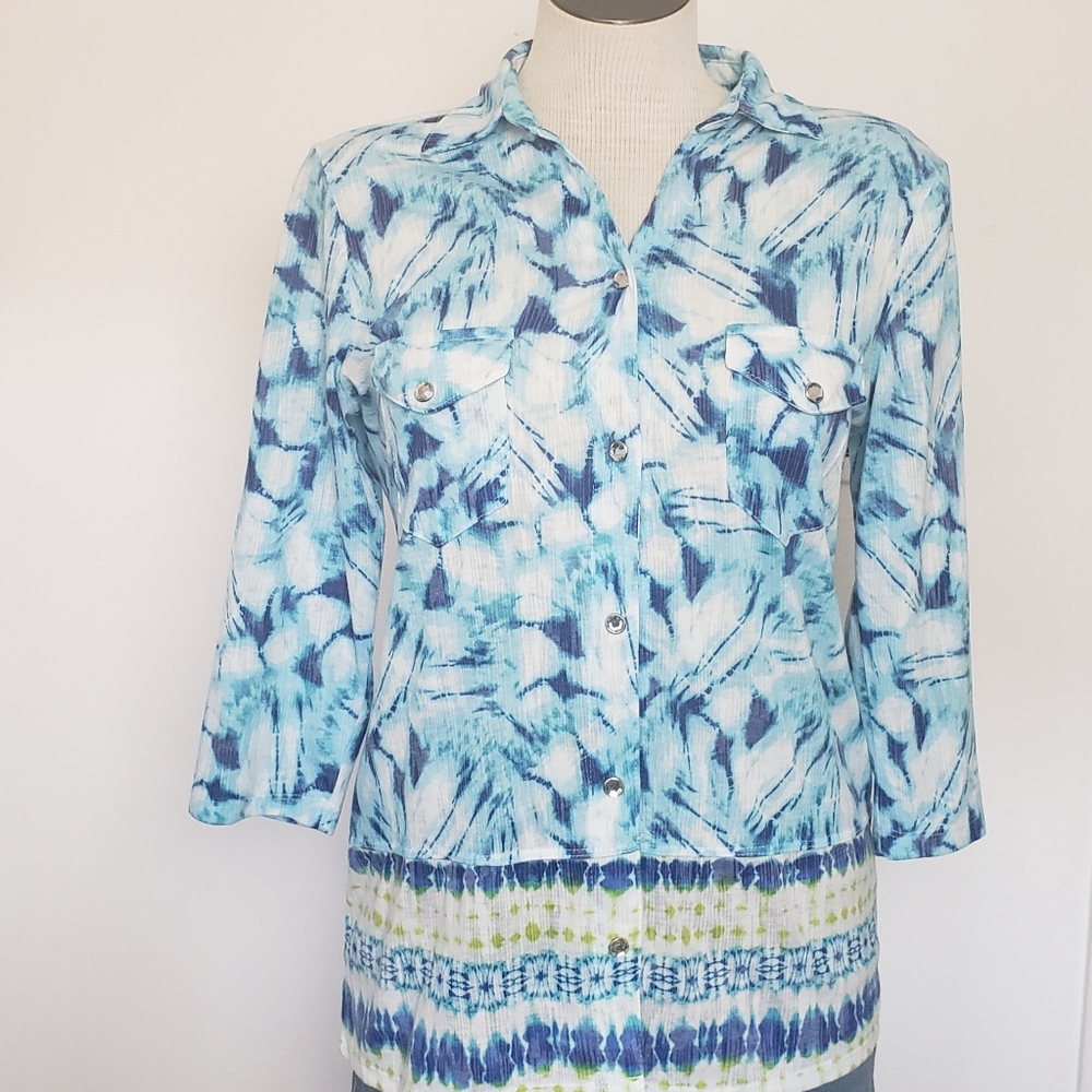 Onque Casual Blue Tie Dye Collar Jeweled Snap Button Down Women's Top  Size S
